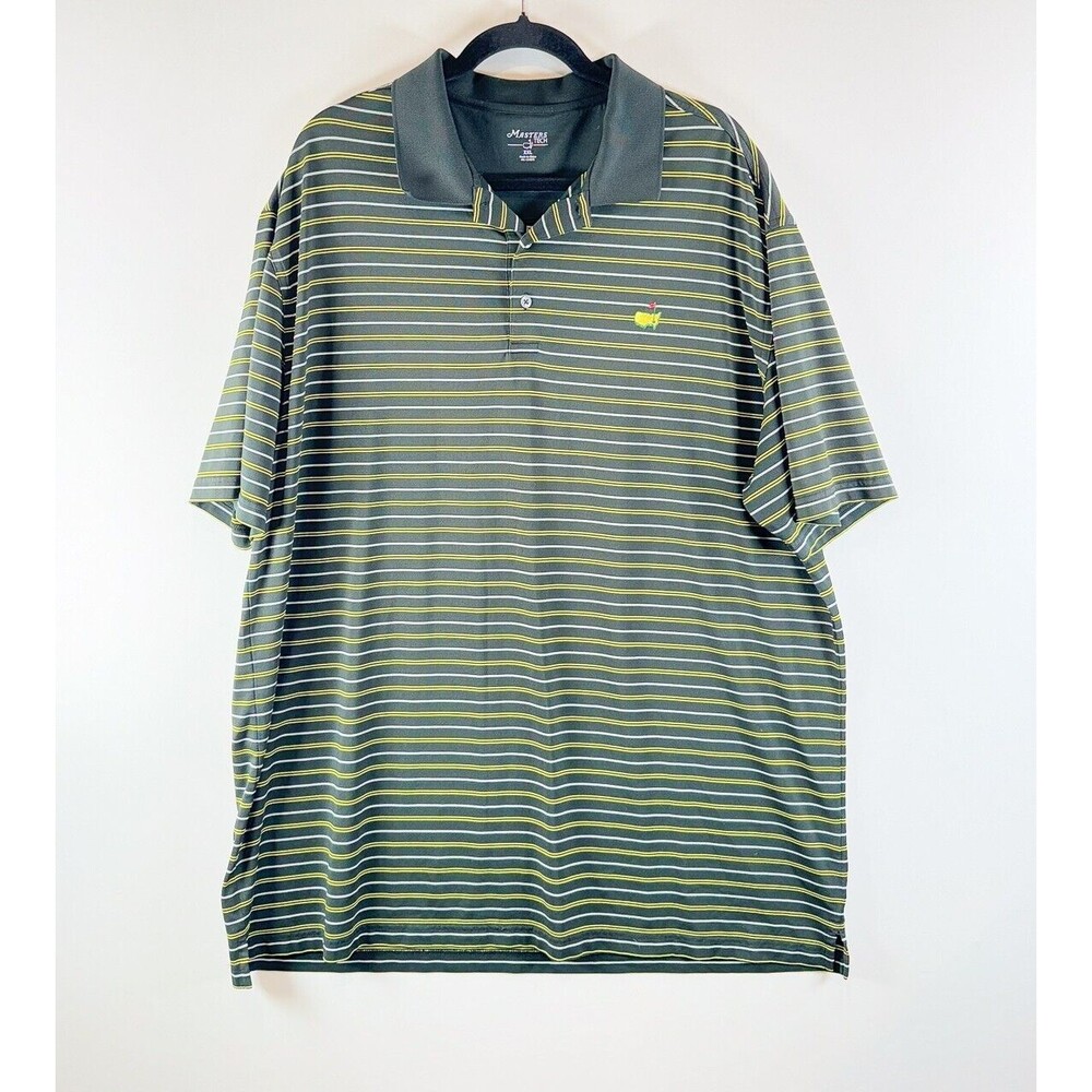 Masters Tech Men Polo Shirt Black Green Striped Performance Stretch Golf 2XL XXL